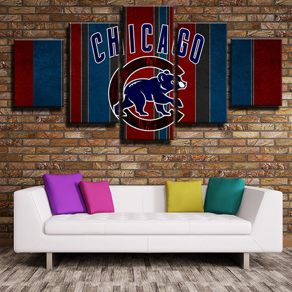 Chicago Cubs Stripe Litter Bear Emblem Canvas Wall Art