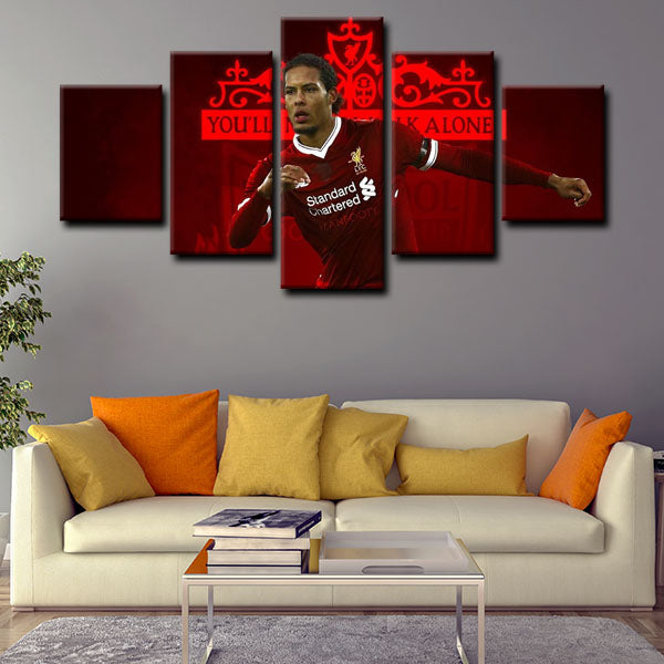 Defender Virgil Van Dijk On Liverpool Football Club Logo Background Canvas Wall Art