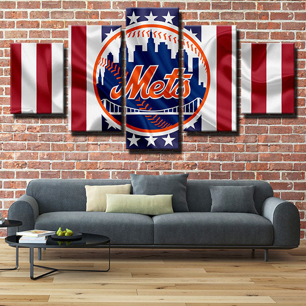 New York Mets American Flag Silk Emblem Canvas Wall Art