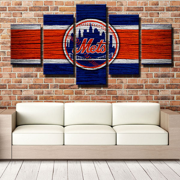 New York Mets Wood Grain Blue Keynote Emblem Canvas Wall Art