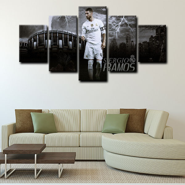 Real Madrid Cf Centre Back Culote Sergio Ramos On Black And White Stadium Canvas Wall Art