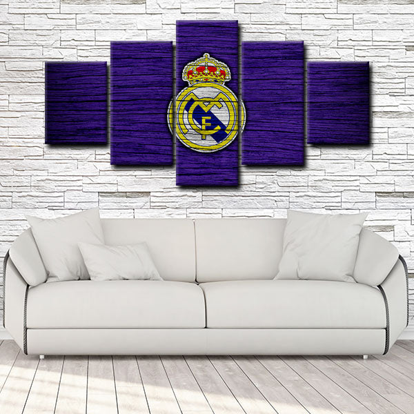 Real Madrid Cf Emblem On Dark Blue Wooden Background Canvas Wall Art