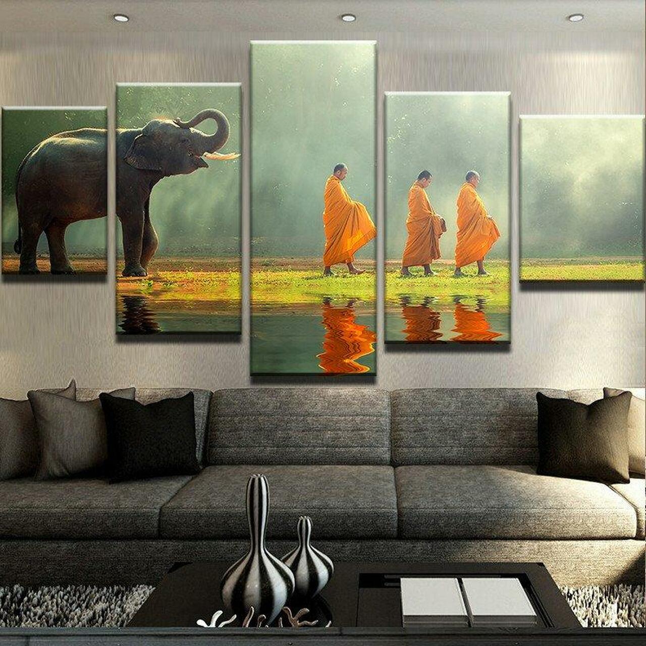 Elephant And Monks Canvas Wall Art