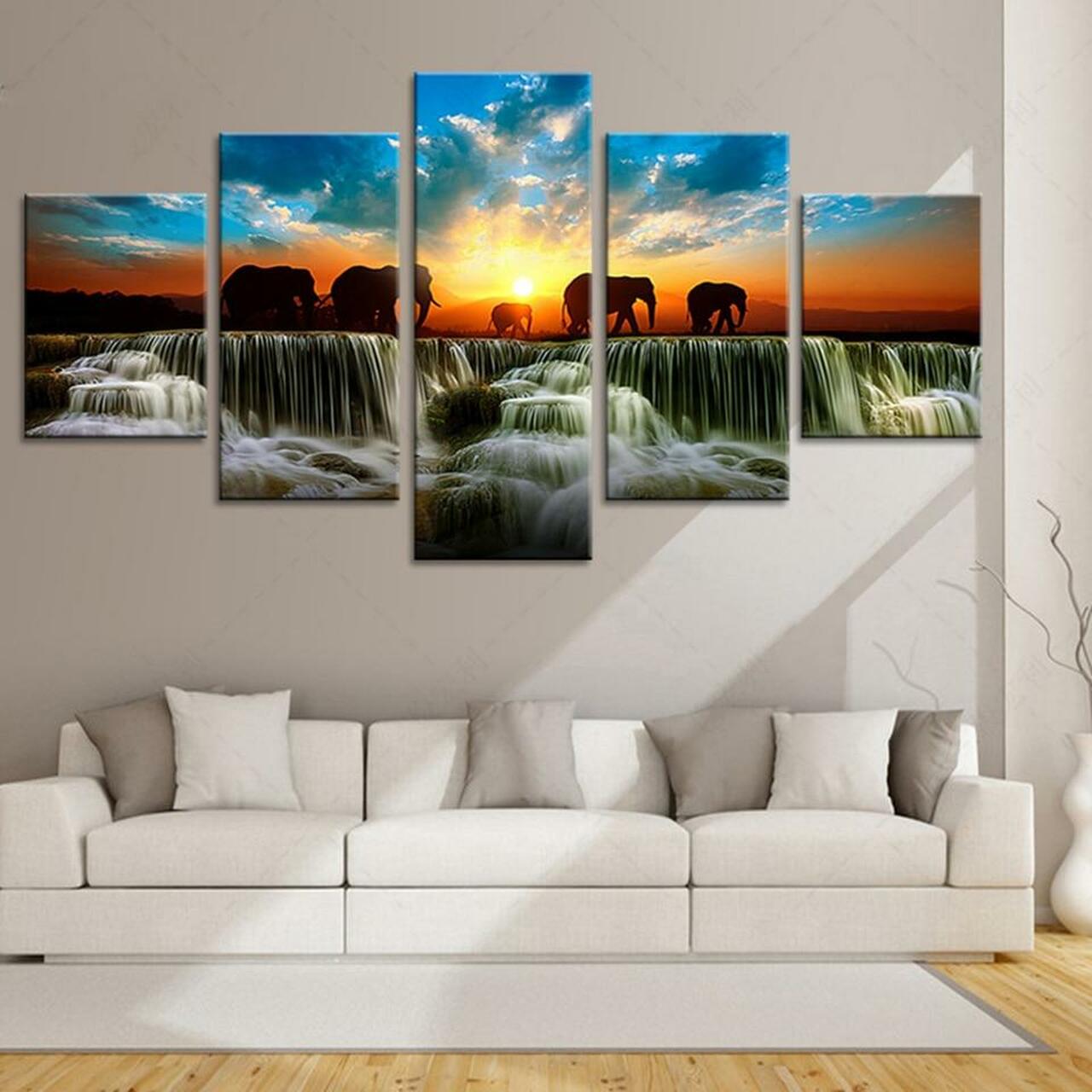 Elephants At Waterfall Canvas Wall Art