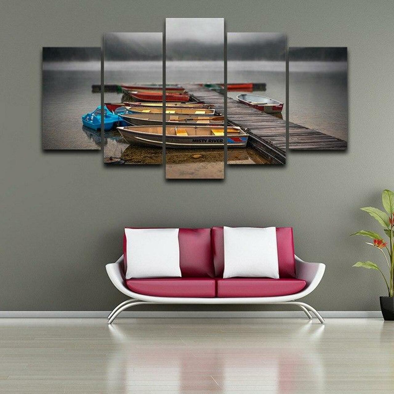 Misty River Boat Canvas Wall Art