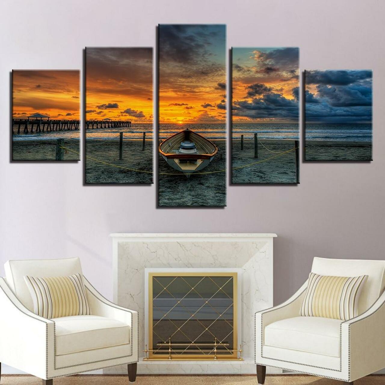 Sunset Boat Canvas Wall Art