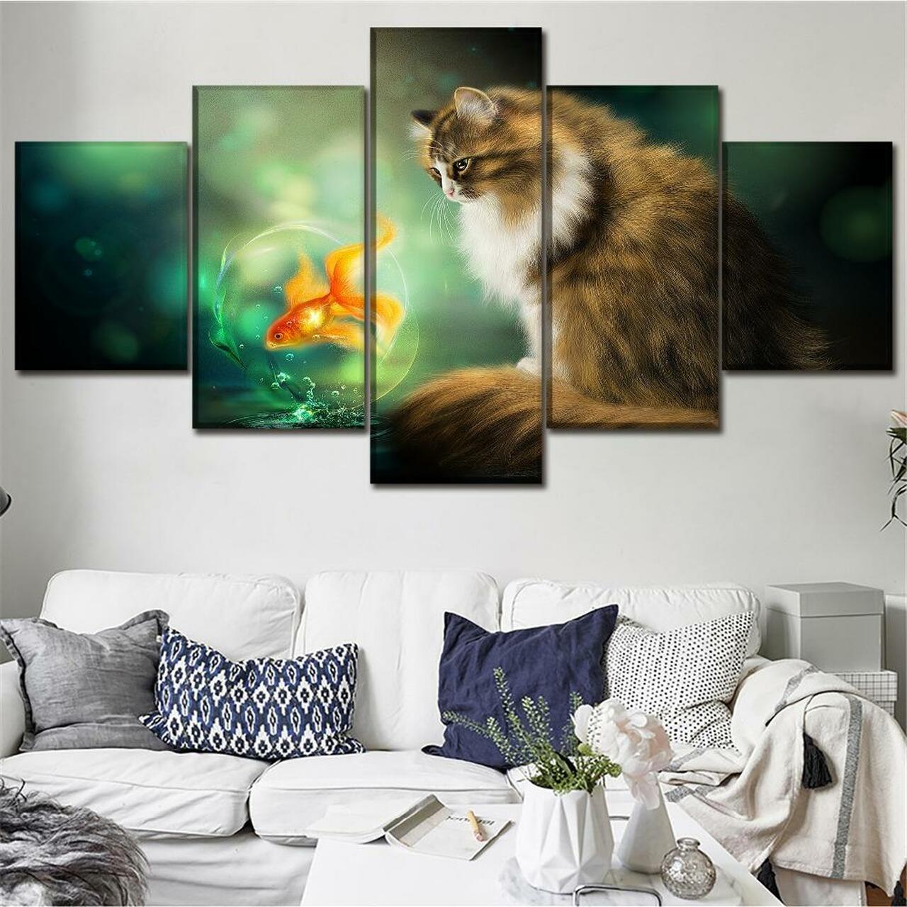 Cat And Goldfish Canvas Wall Art