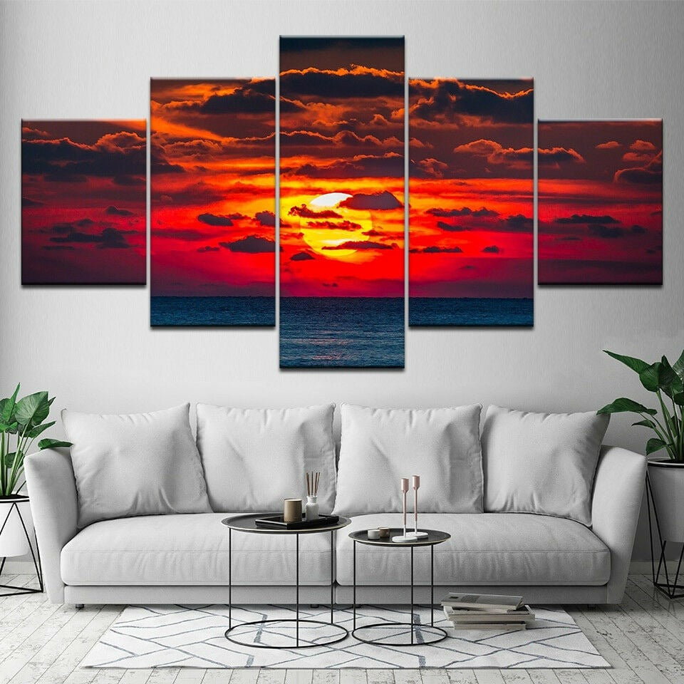 Ocean Sunset Red Sky Canvas Wall Art