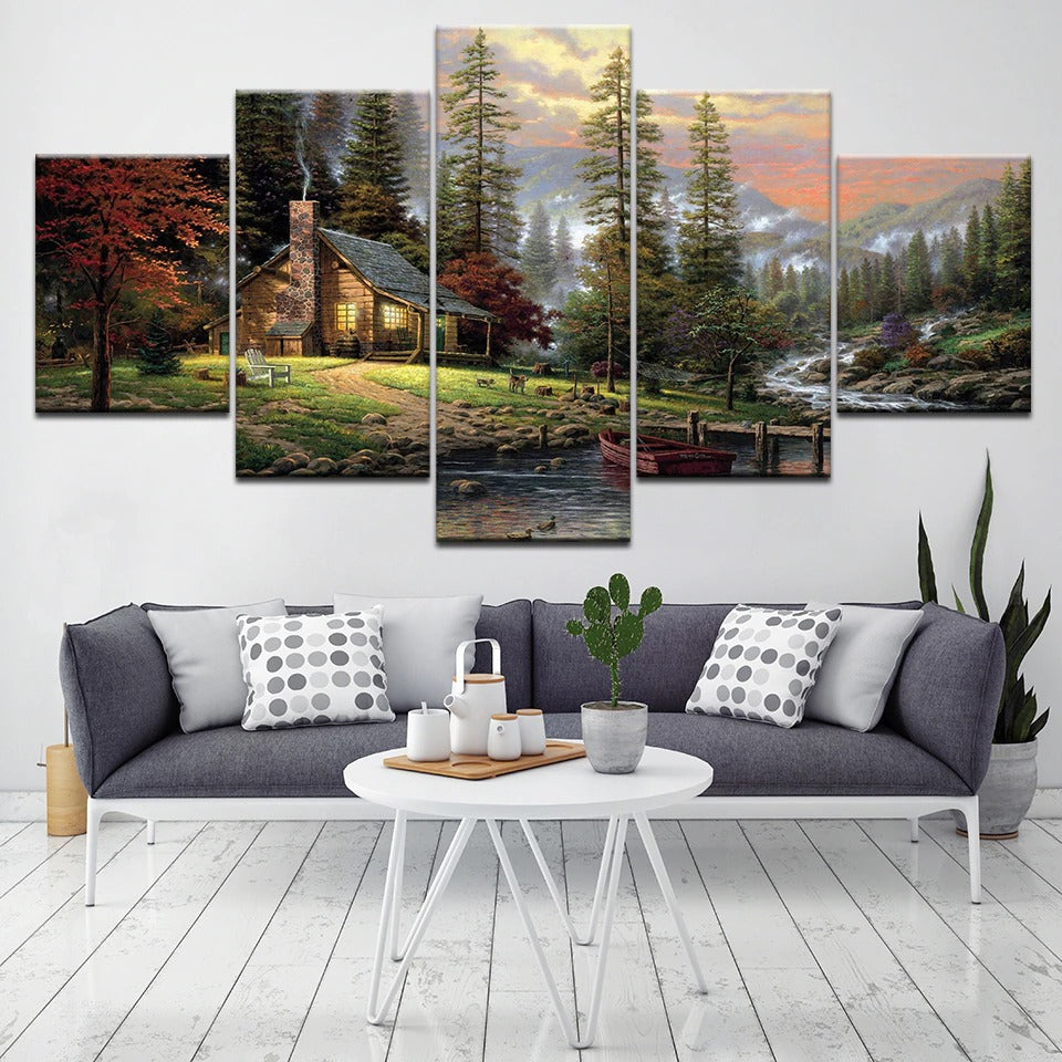 Cottage River In The Forest Canvas Wall Art