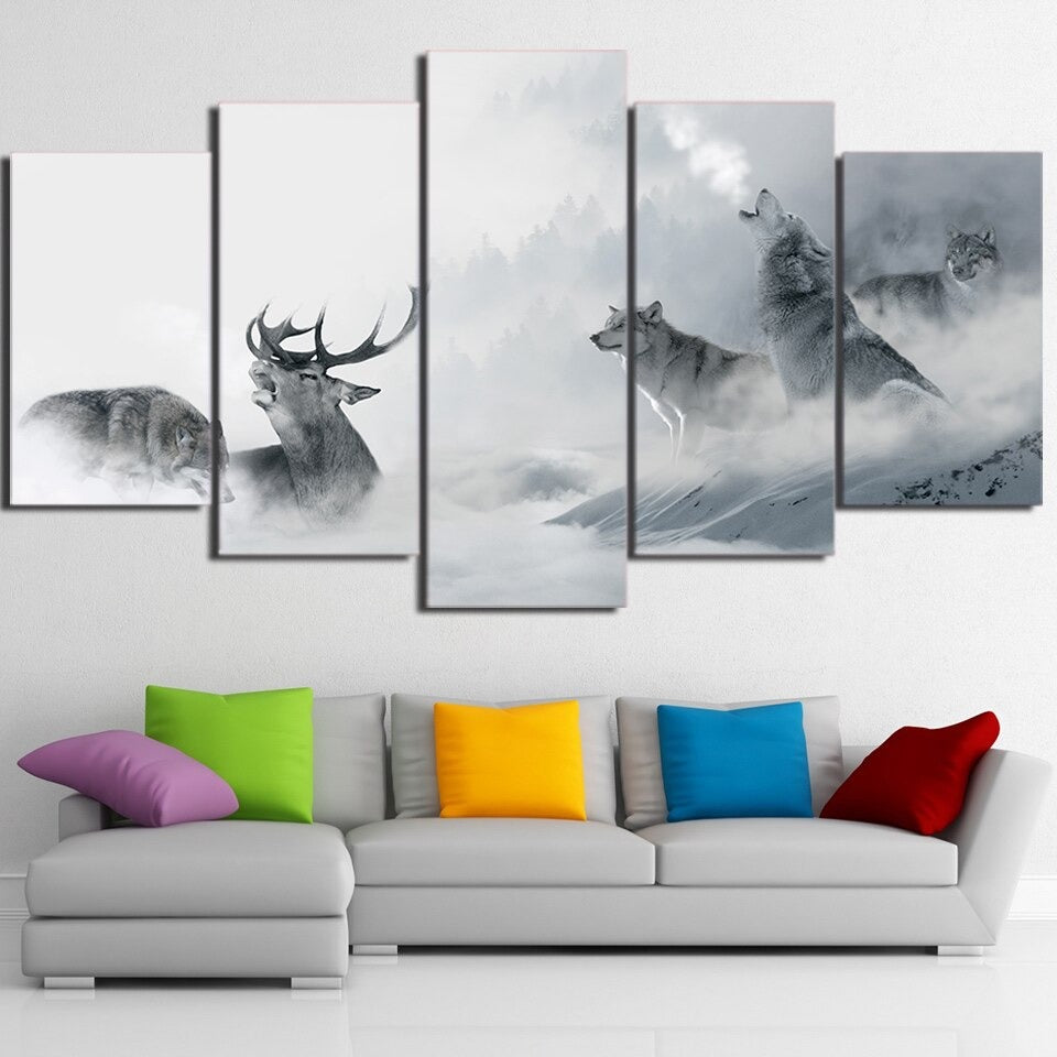 White Howling Wolf With Deer Canvas Wall Art White Howling Wolf With Deer Canvas Wall Art