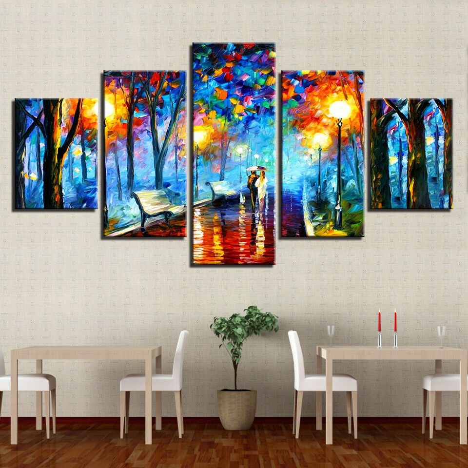 Abstract Rainy Night Park Walking Couple Canvas Wall Art