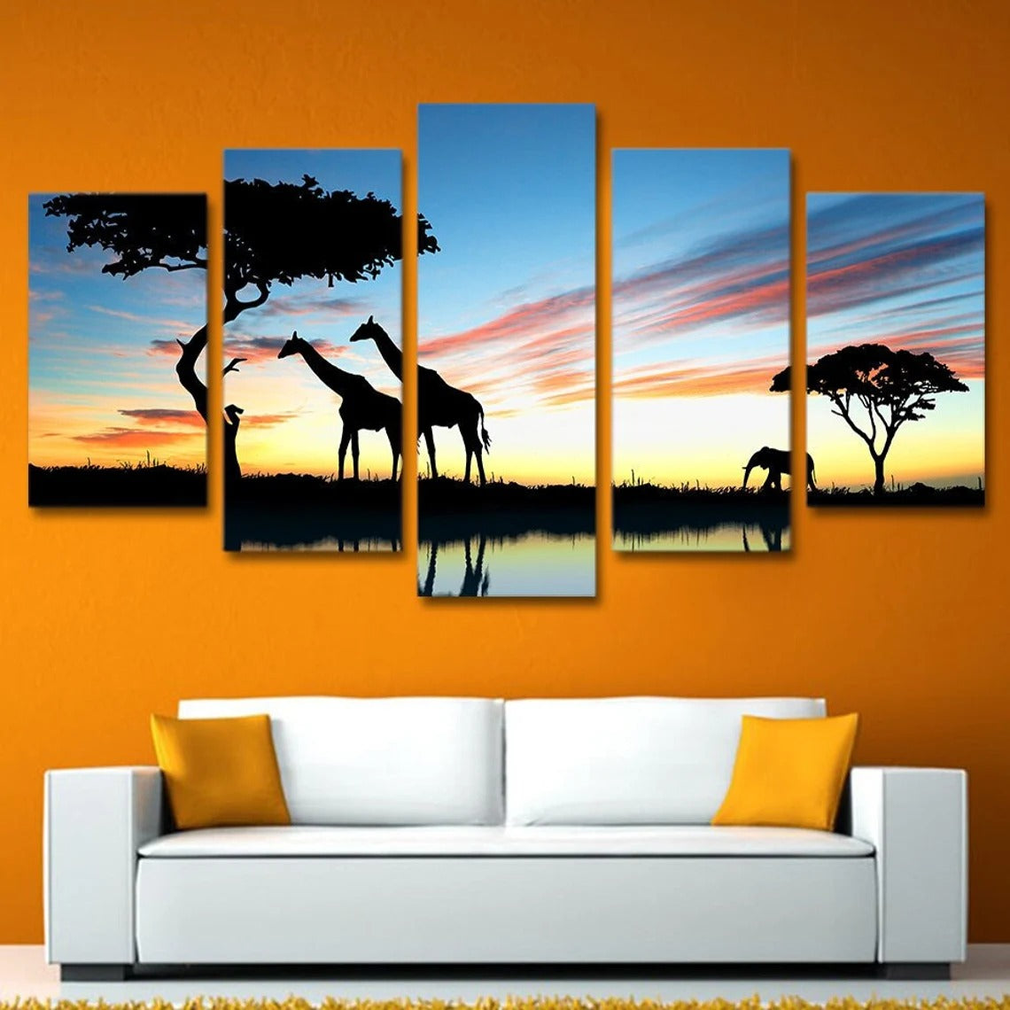 African Animal Giraffe Elephant Sunset Canvas Wall Art