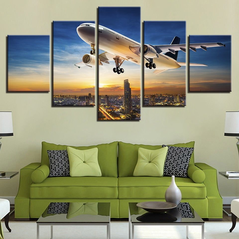 Airplane Sunset On The City Canvas Wall Art