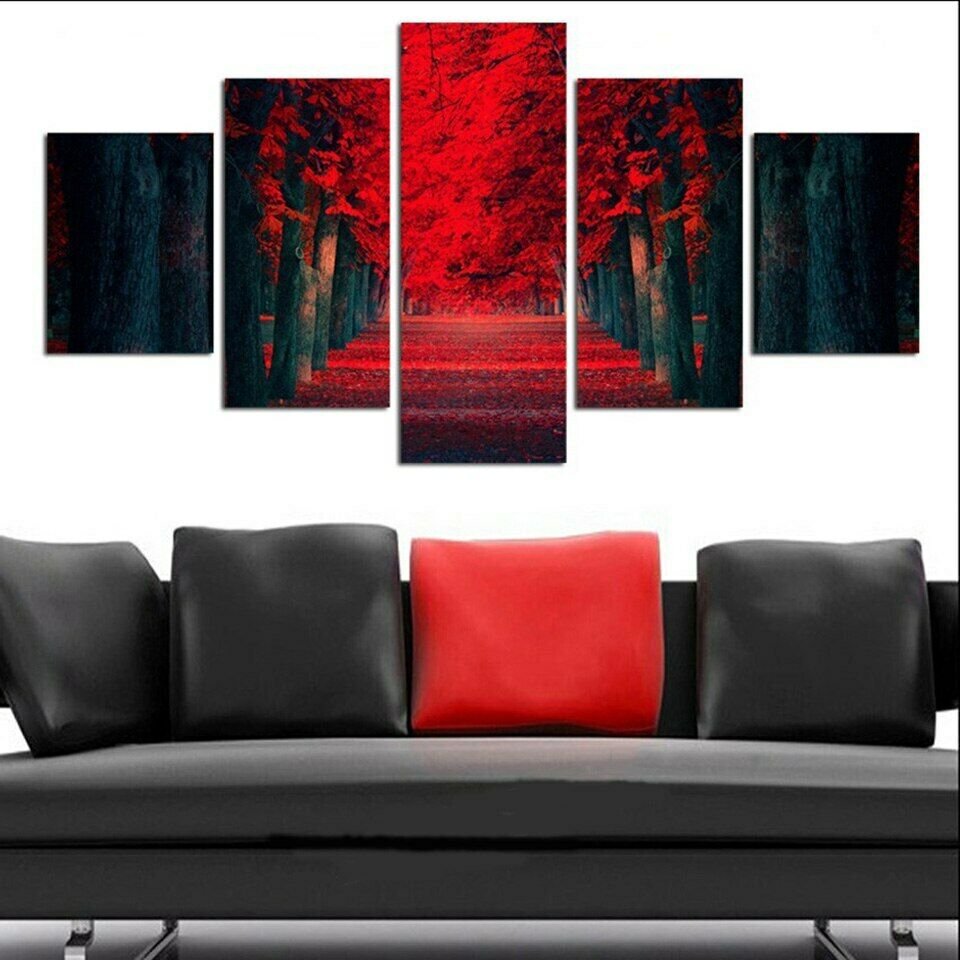 Autumn Red Trees In The Garden Canvas Wall Art