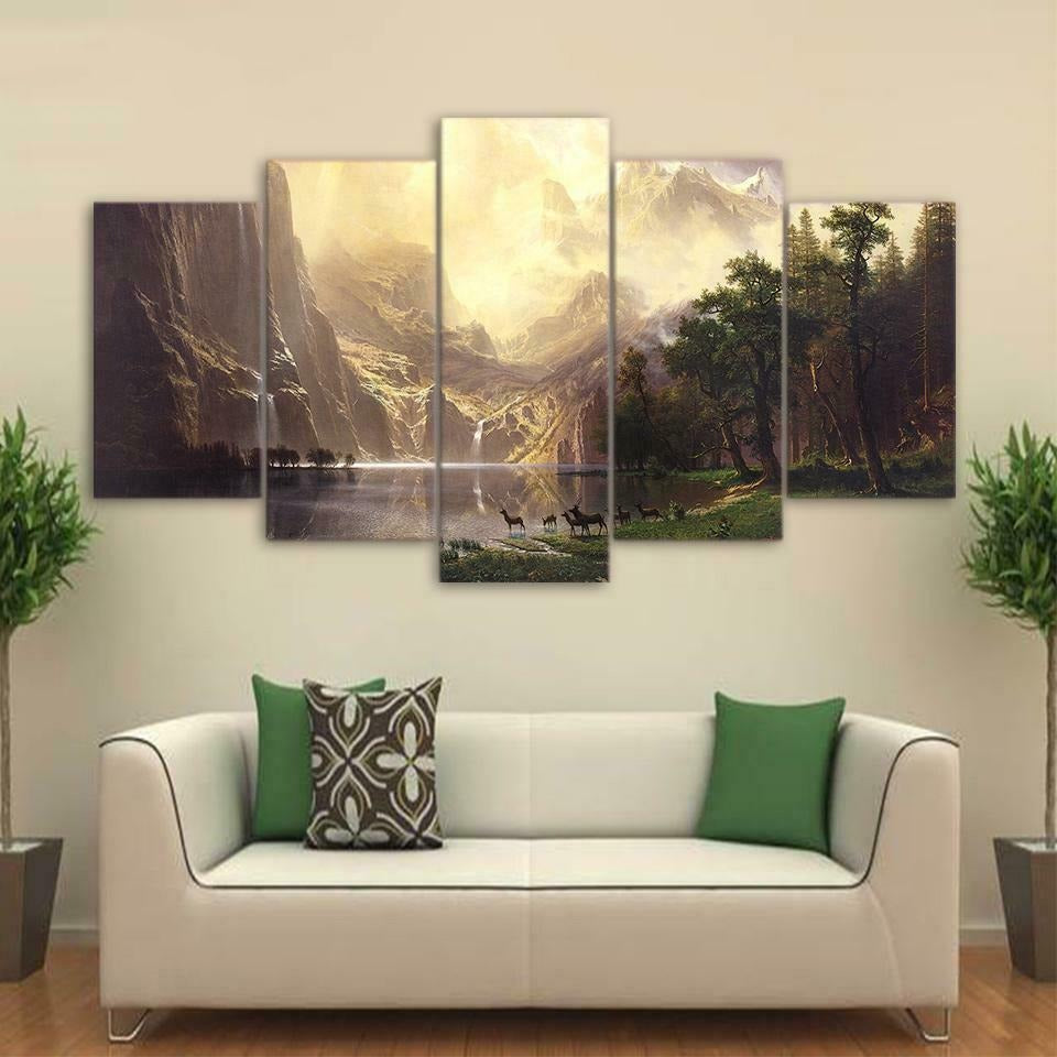 Beautiful Natural Mountain Lake Forest Deer Canvas Wall Art