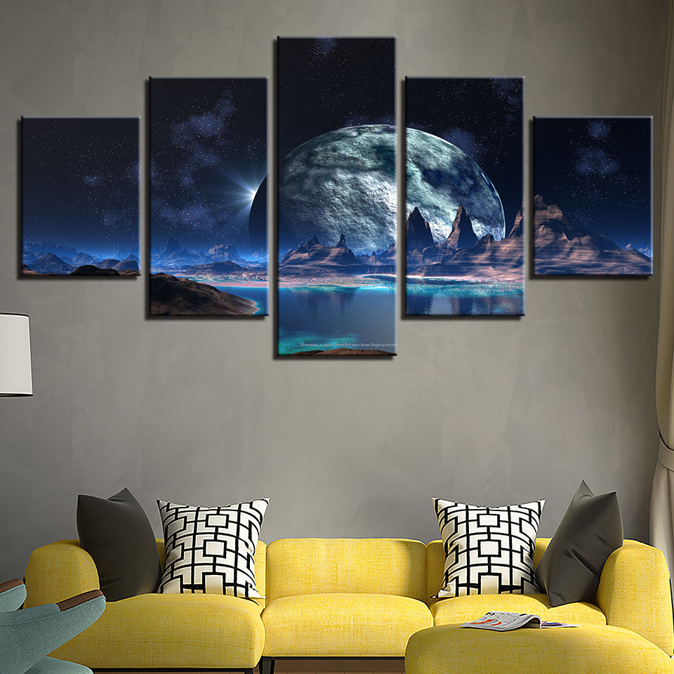 Big Moon Mountain Lake Abstract Ation Canvas Wall Art