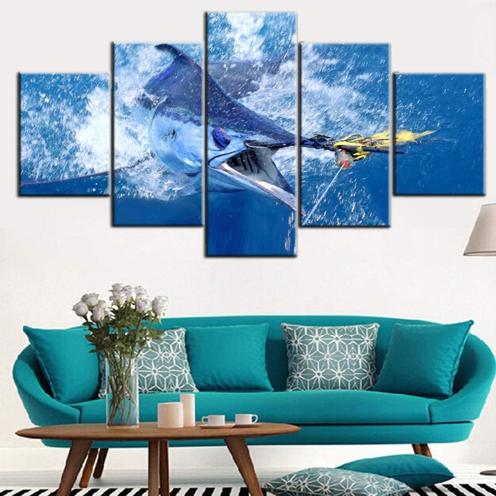 Big Swordfish In Blue Seascape Canvas Wall Art