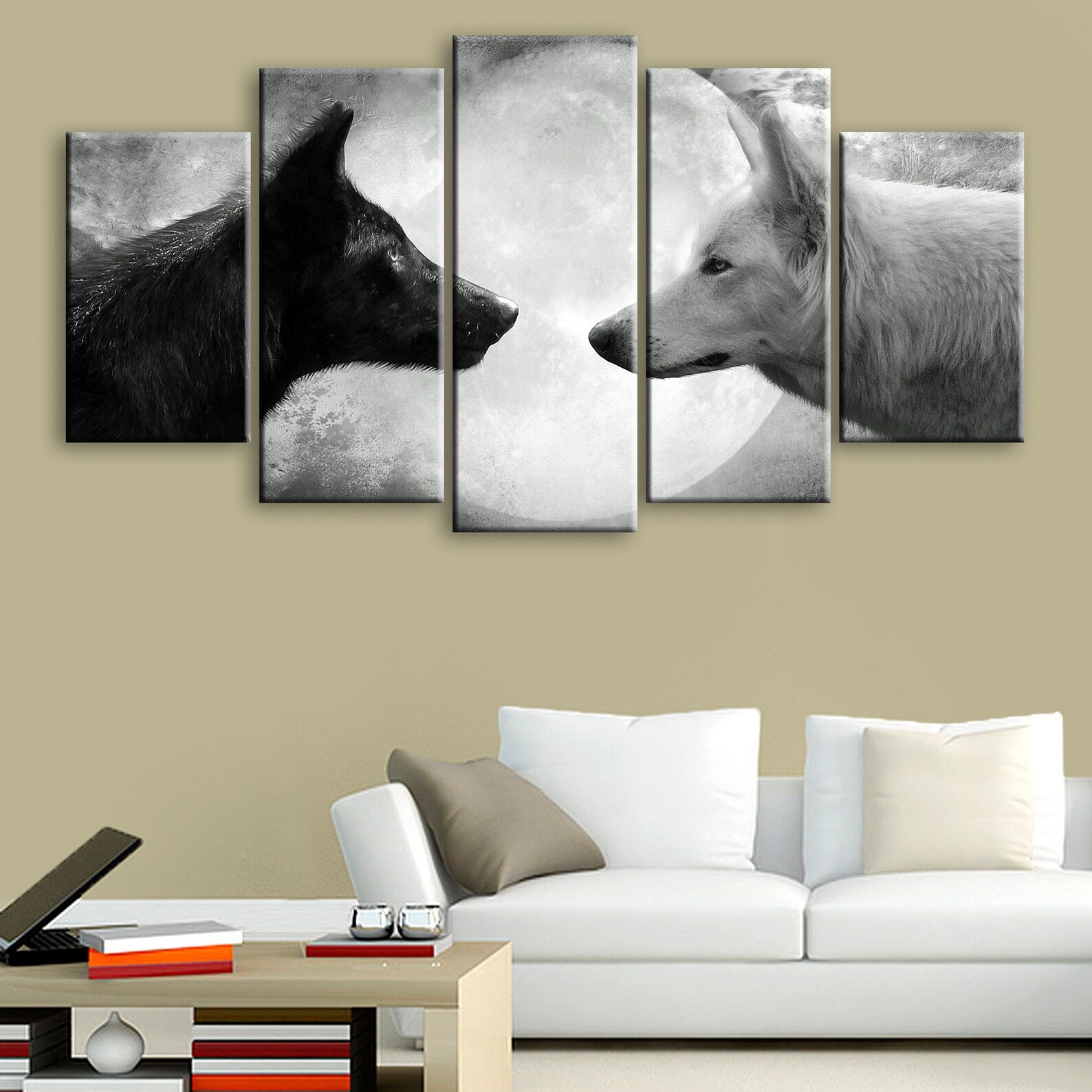 Black And White Wolves Moon Canvas Wall Art