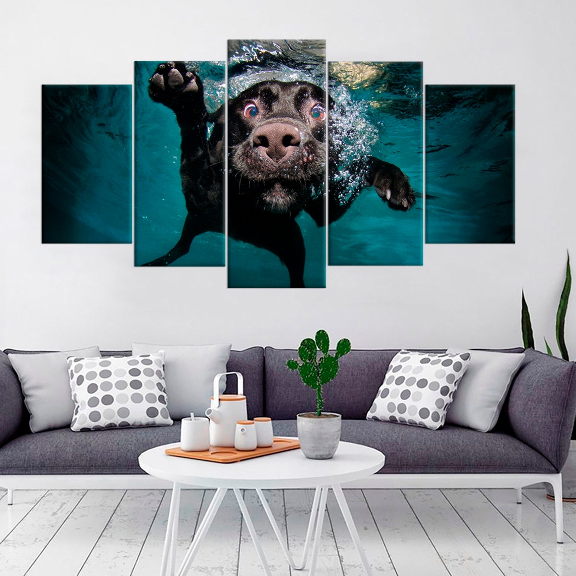 Black Dog Swimming In Water Canvas Wall Art