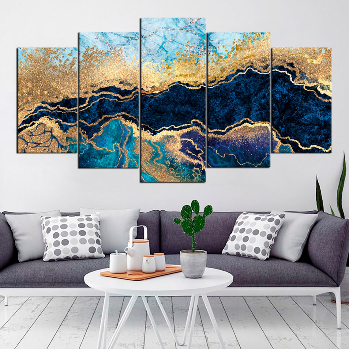 Blue-Gold Marble Stone Abstract Canvas Wall Art