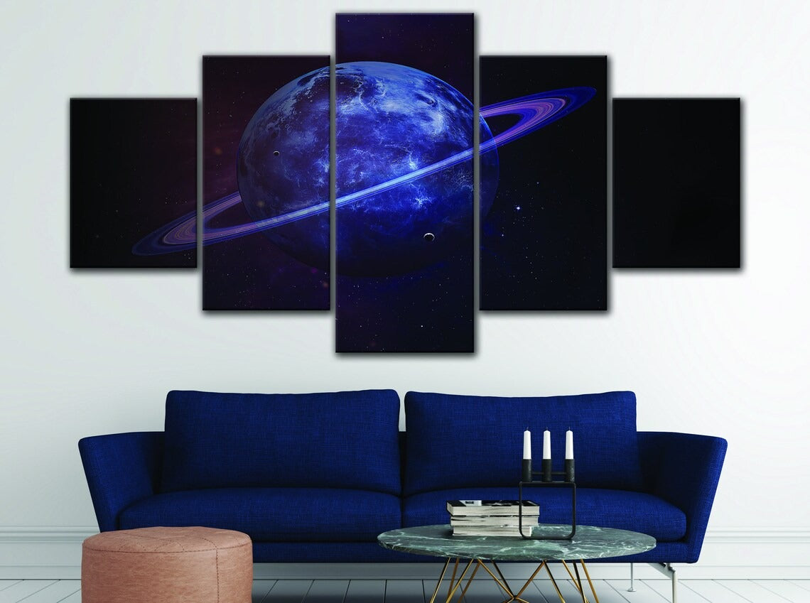 Blue Saturn Planet Canvas Wall Art
