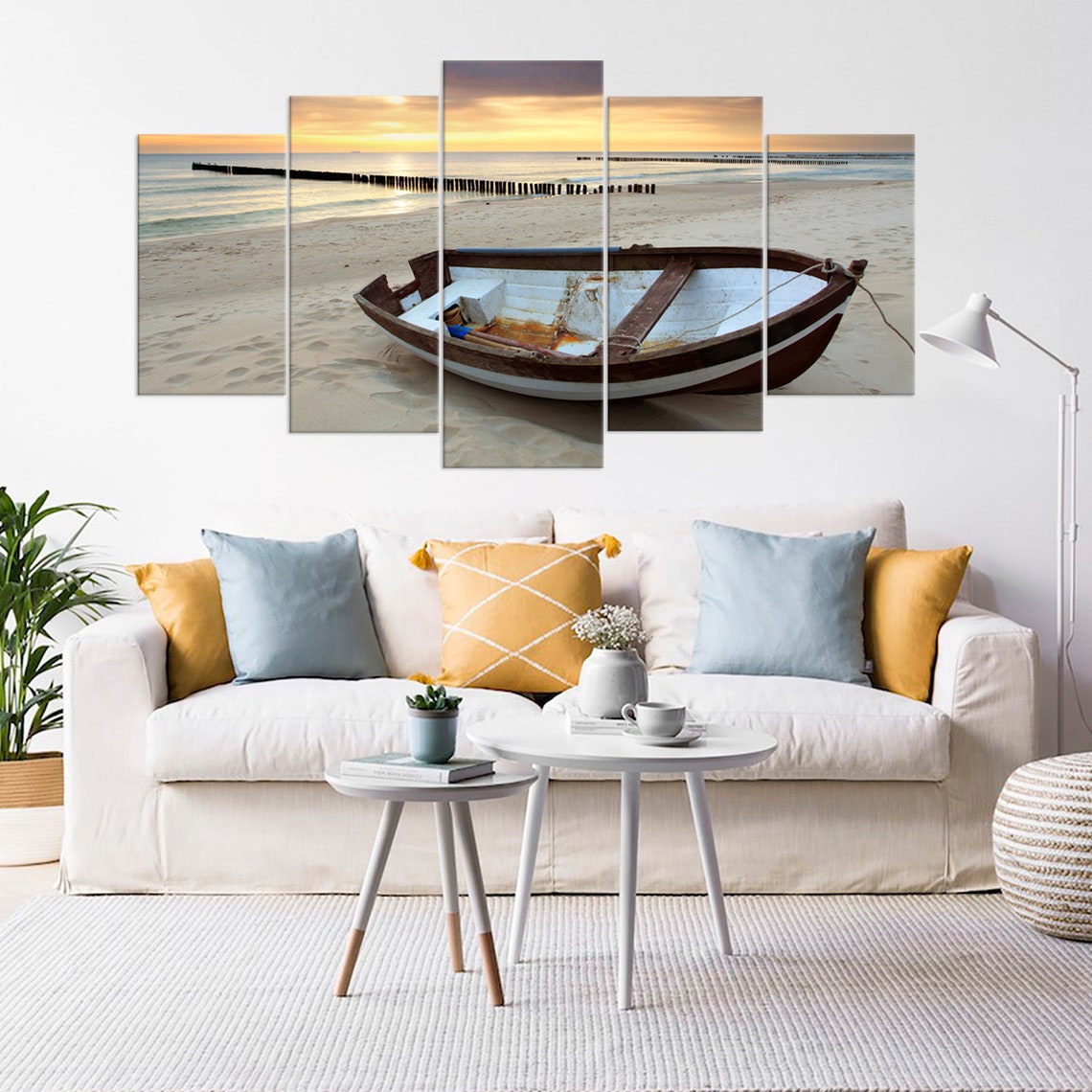 Boat And Beach Ocean Seascape Canvas Wall Art
