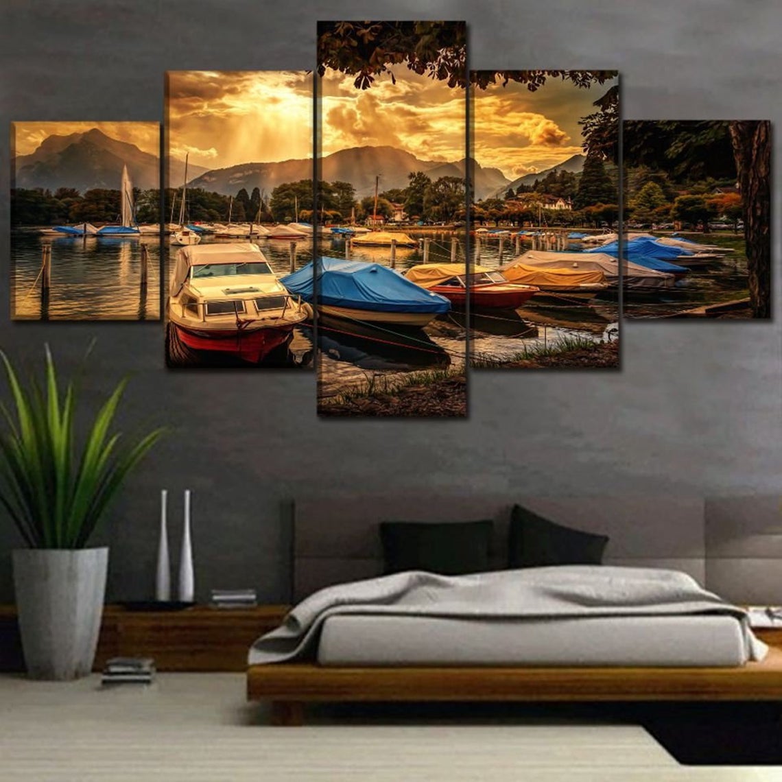 Boat Marina Port Sunset Canvas Wall Art