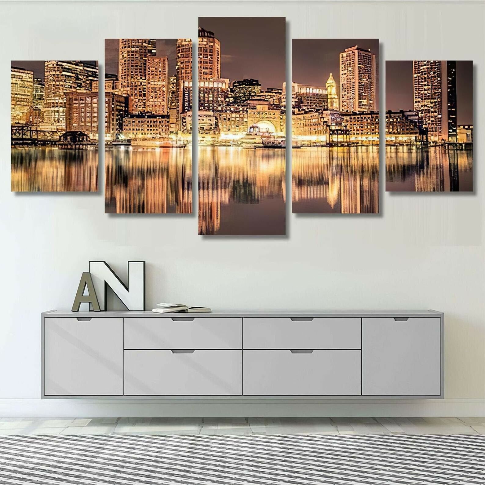 Boston Skyline Night City View Canvas Wall Art