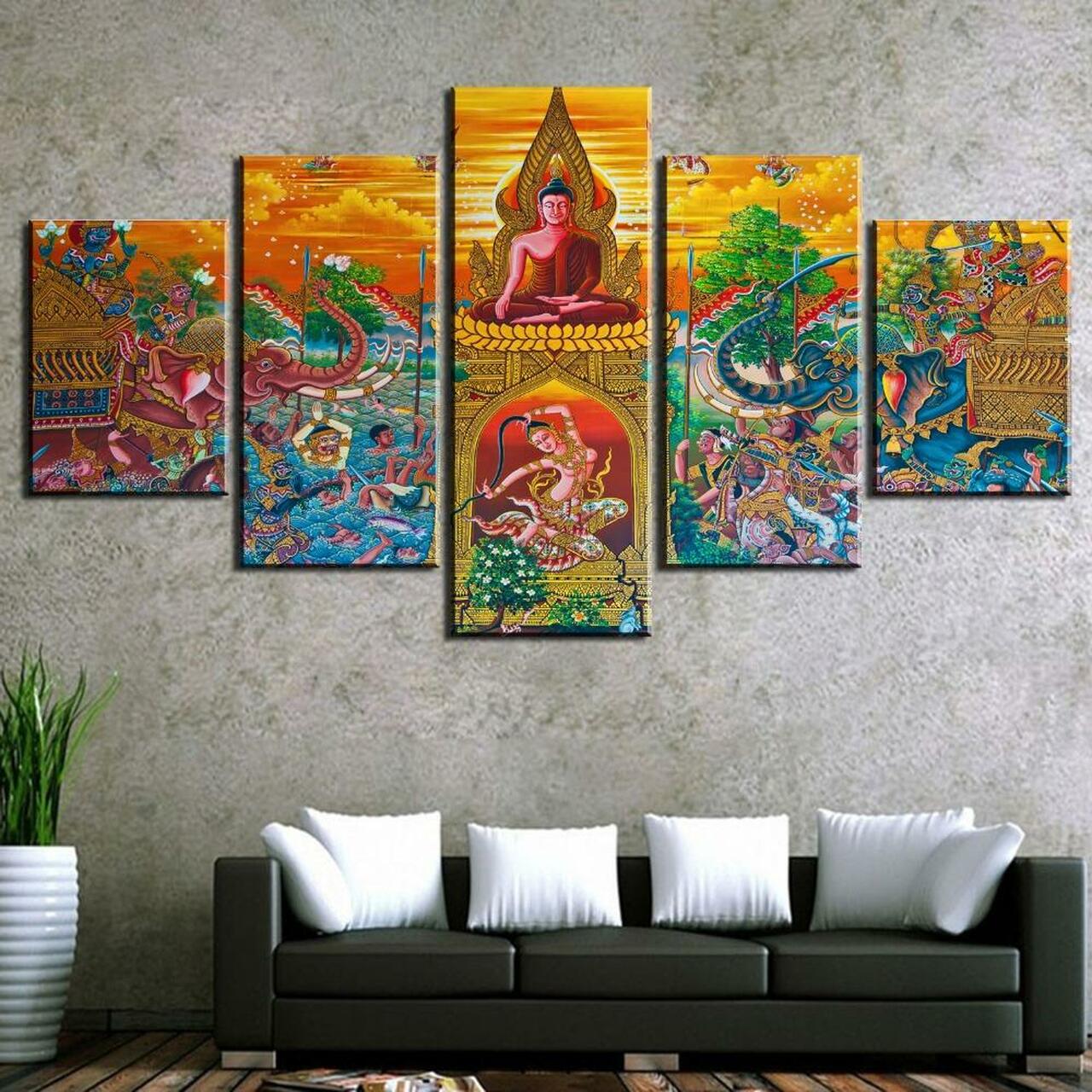 Buddha And Elephants Canvas Wall Art