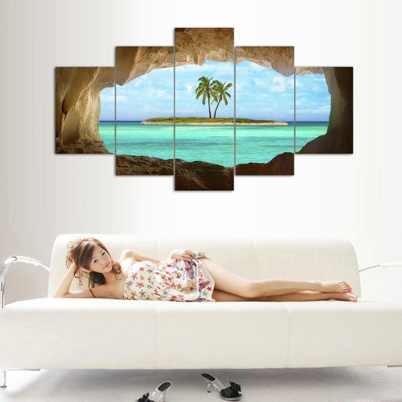 Cave View Of Palm Tree Canvas Wall Art