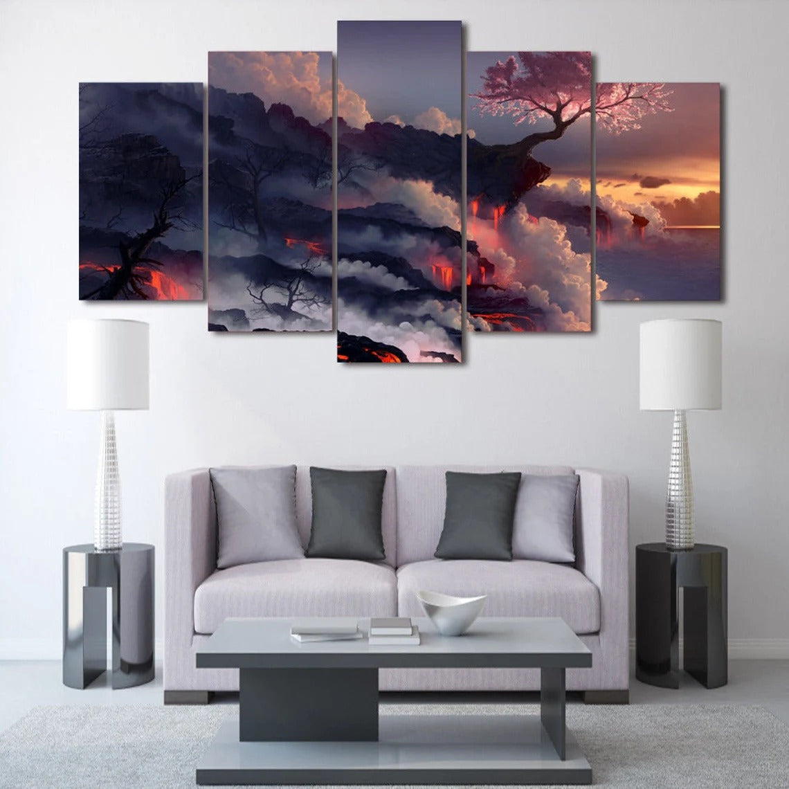 Cherry Blossom Volcano Sunset Canvas Wall Art