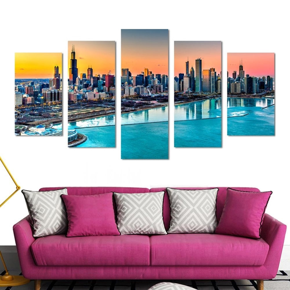Chicago Skyline Harbor Sunset Canvas Wall Art