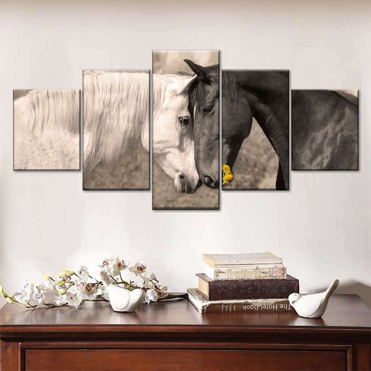 Couple Black And White Horses Canvas Wall Art