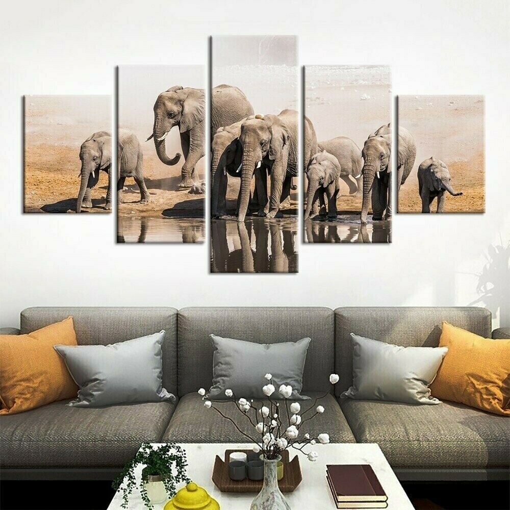 Crowd Of African Elephants Canvas Wall Art