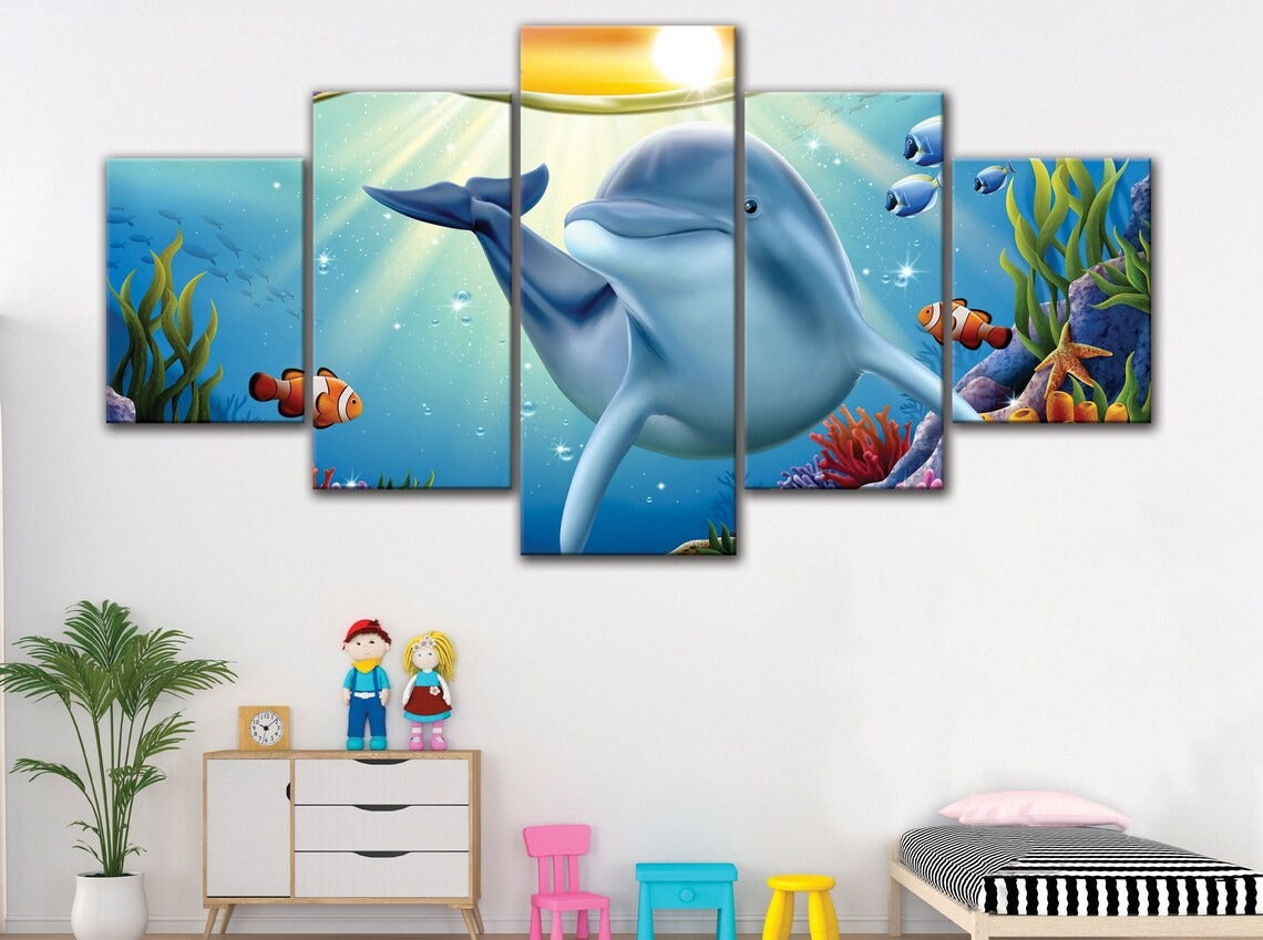 Cute Dolphin And Nemo Cartoon Canvas Wall Art