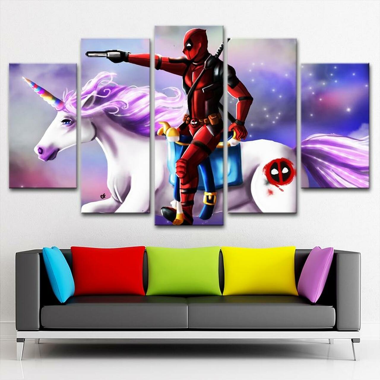 Deadpool On Unicorn Canvas Wall Art