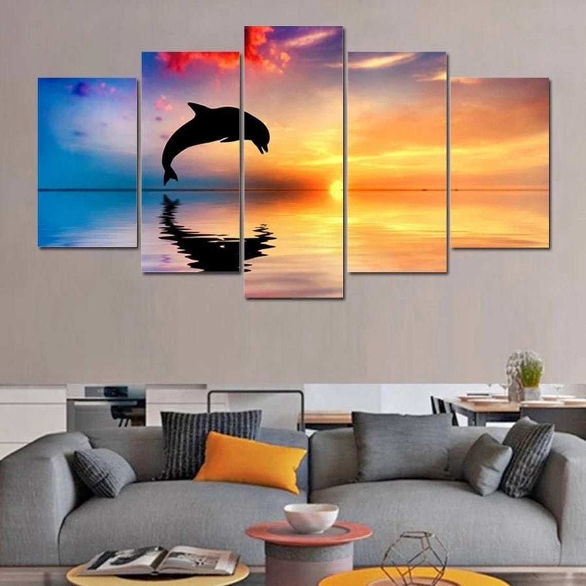 Dolphin Sunset Ocean Canvas Wall Art