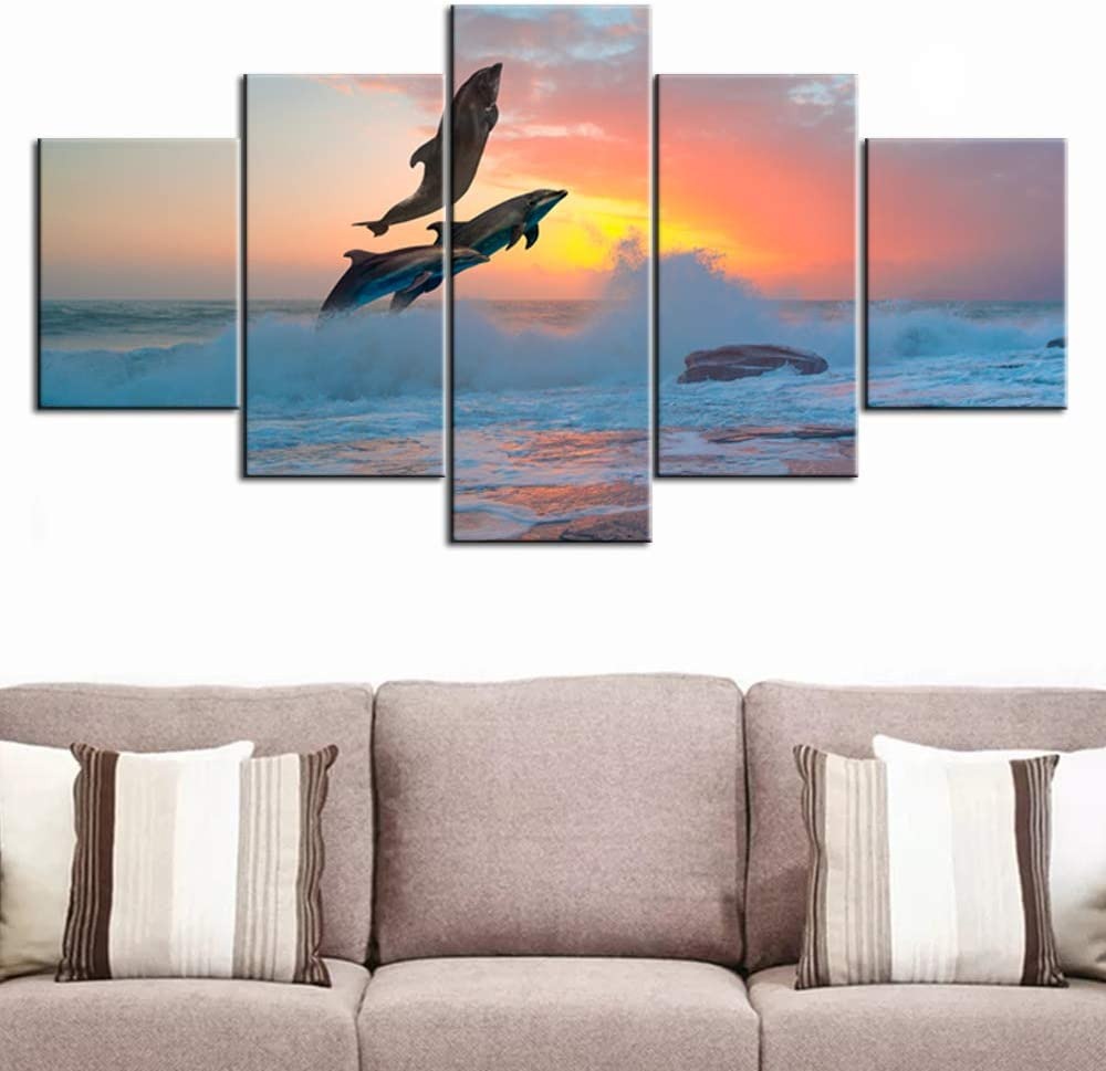 Dolphins Jumping Sea Wave At Sunset Canvas Wall Art