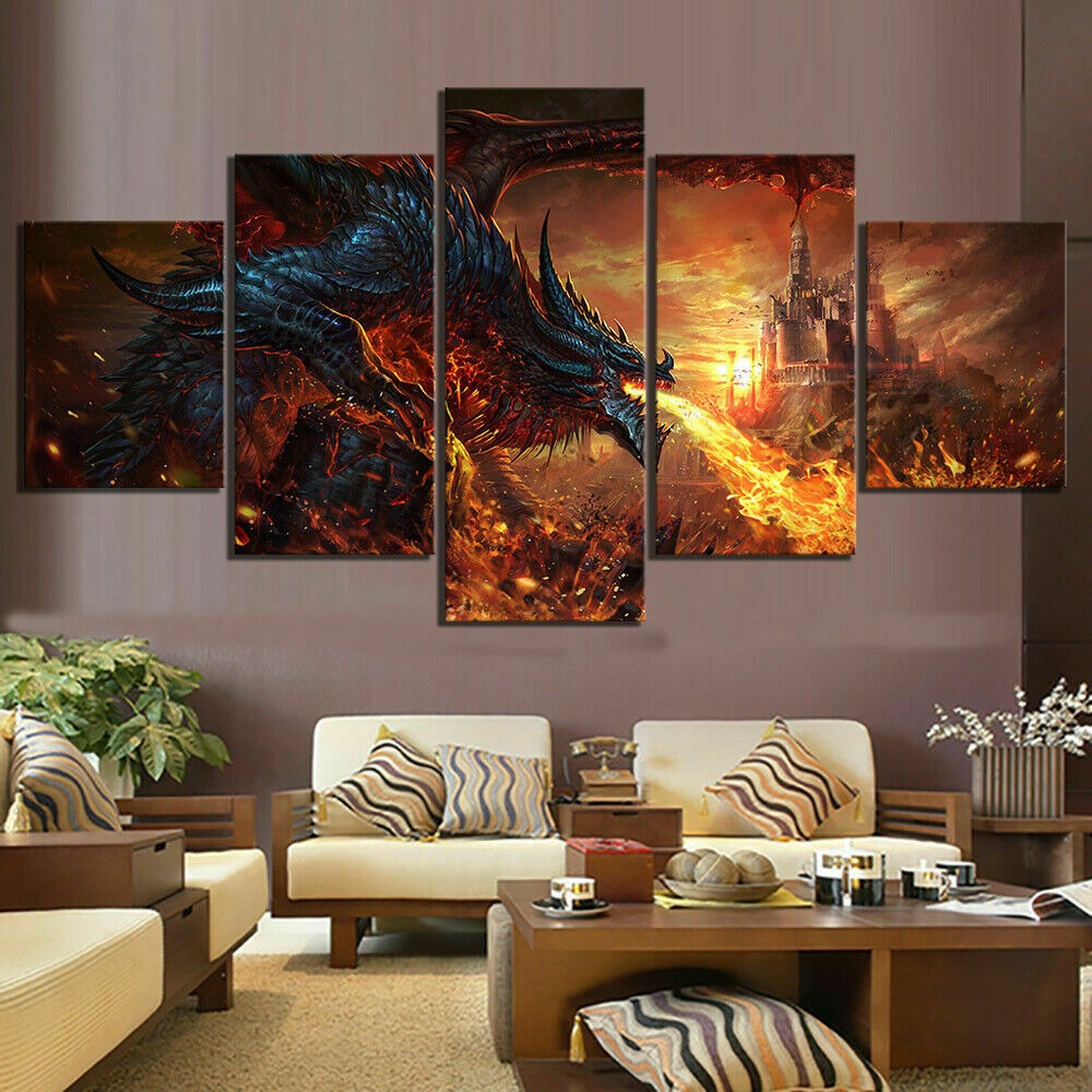 Dragon Breathing Fire Castle Canvas Wall Art