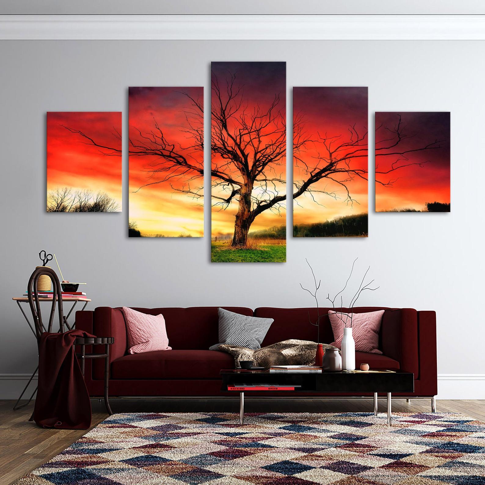 Fall Red Tree Red Sky Nature Scenery Canvas Wall Art