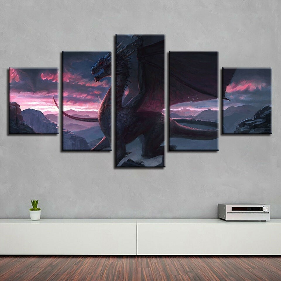 Fantasy Mountain Dragon Sunset Canvas Wall Art