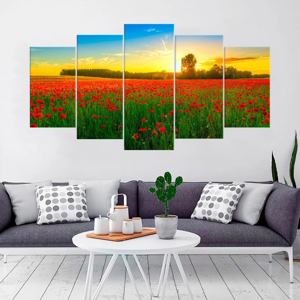 Field Of Red Poppies Sunset Canvas Wall Art