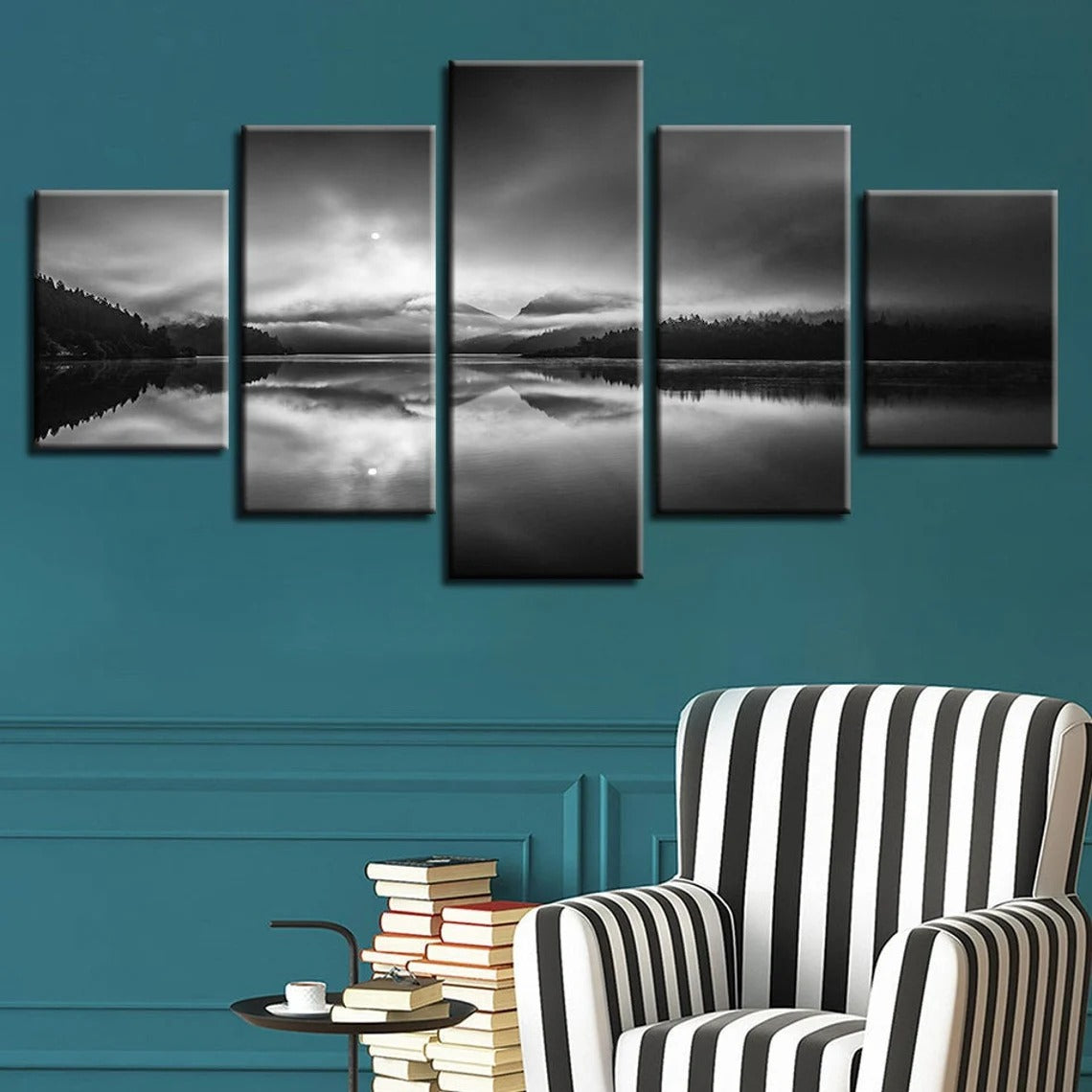 Forest Lake Landscape Black And White Canvas Wall Art