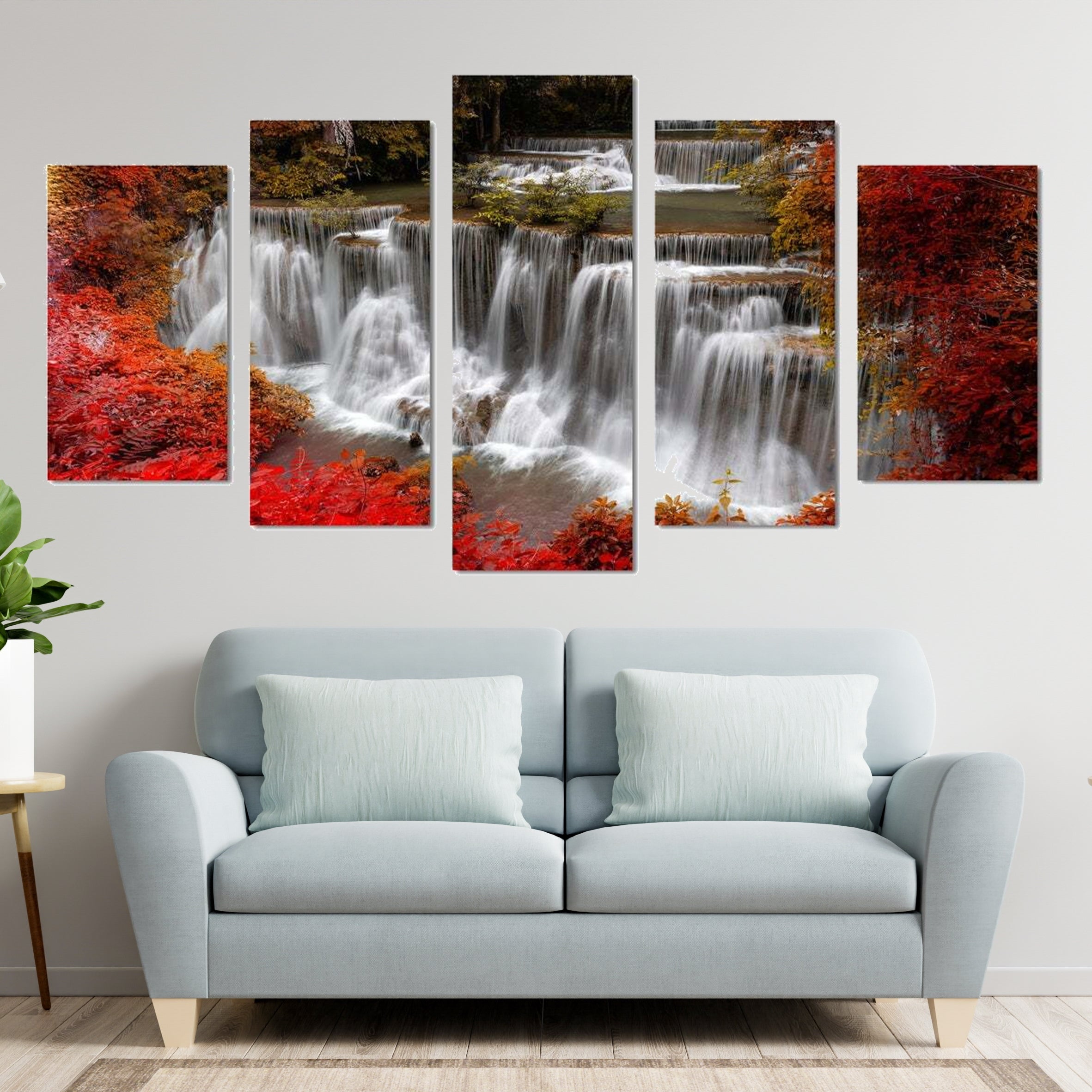 Forest Waterfall Red Trees Nature Canvas Wall Art