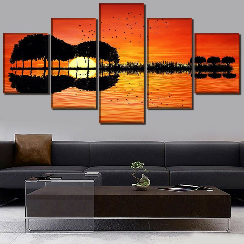 Guitar Island Tree Lake Sunset Reflection Canvas Wall Art