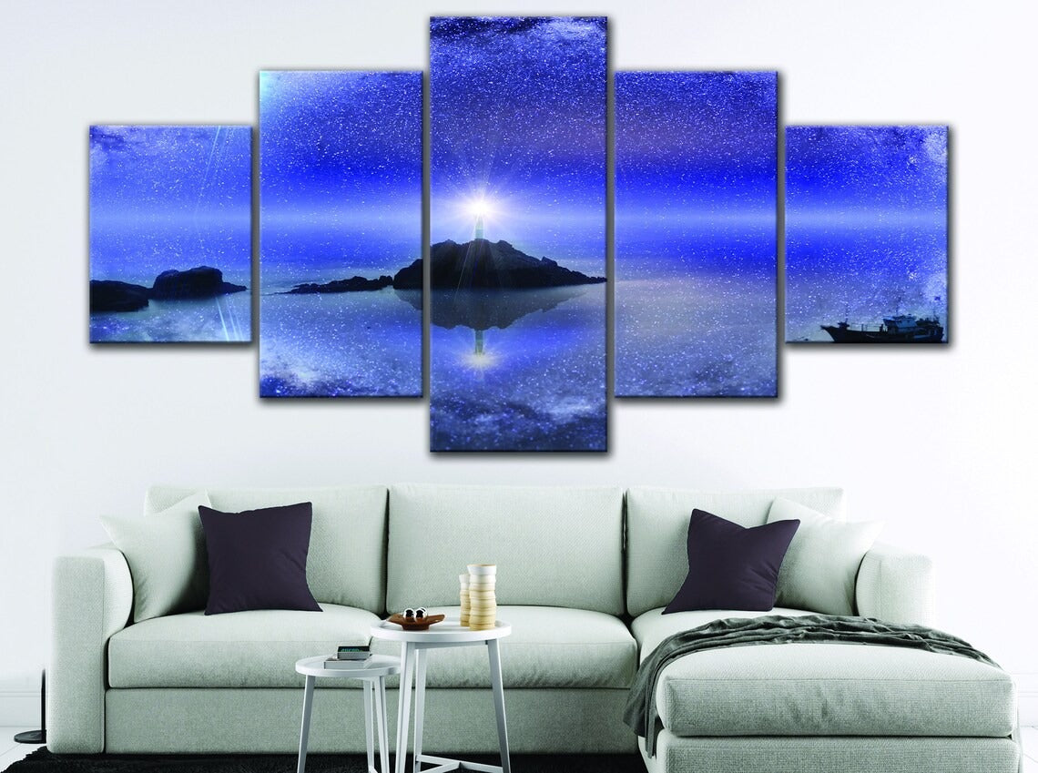 Lighthouse At Night Canvas Wall Art