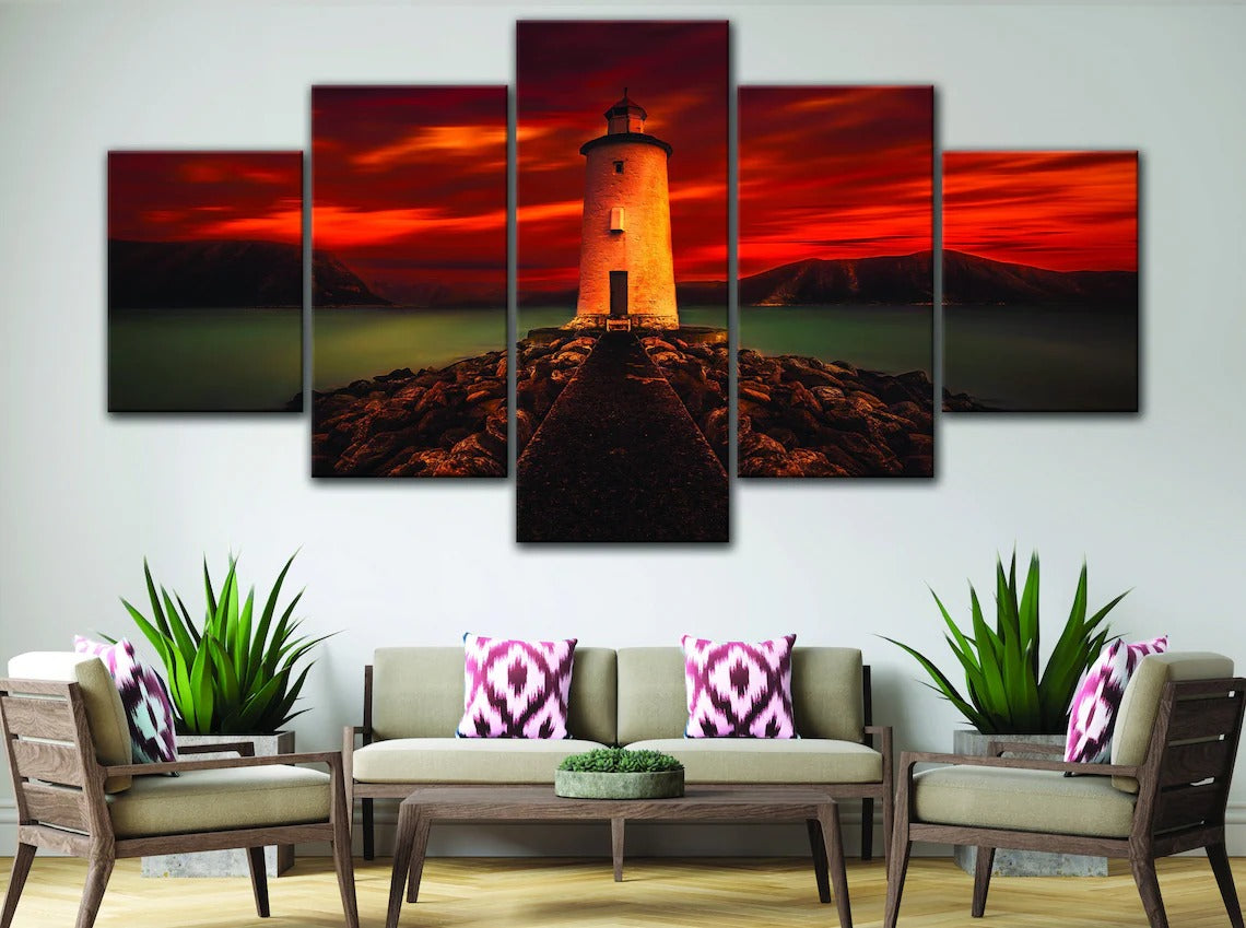 Lighthouse Red Sky Night Canvas Wall Art