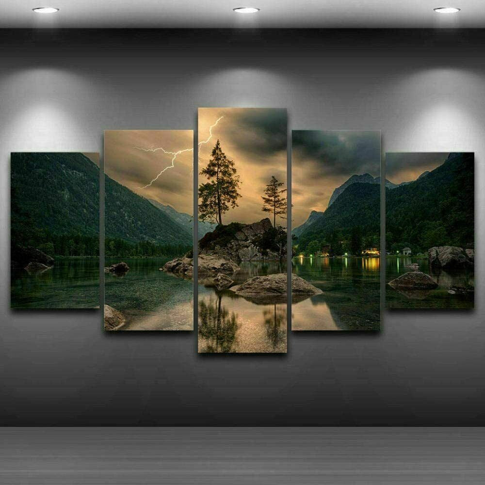 Lightning Mountain Lake Tree Canvas Wall Art