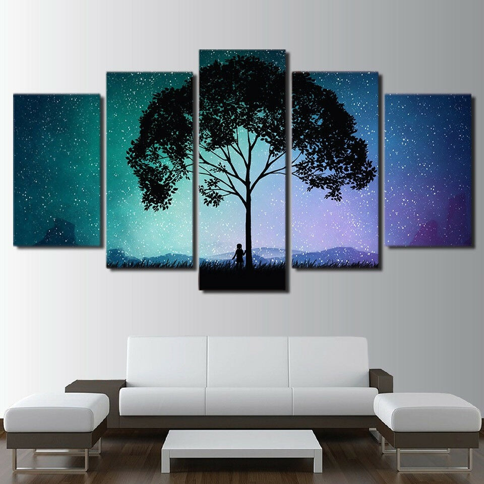 Lonely Tree Girl Starry Night Sky Canvas Wall Art