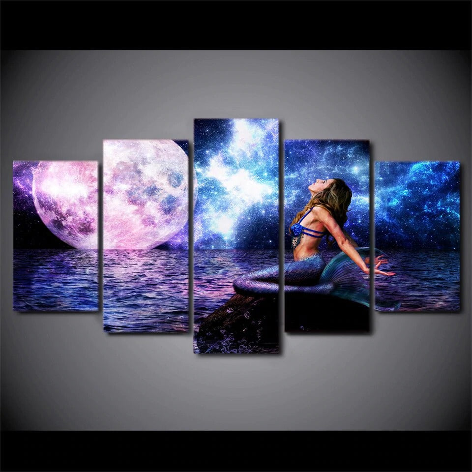 Mermaid Moon &Amp; Space Ocean Night Canvas Wall Art Mermaid Moon &Amp; Space Ocean Night Canvas Wall Art